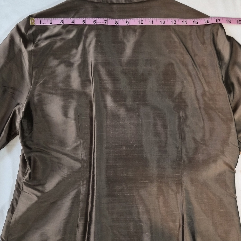 Allion Taylor Gold Silk Satin Band Collar V-Neck Blouse - Long Sleeve - Picture 5 of 7